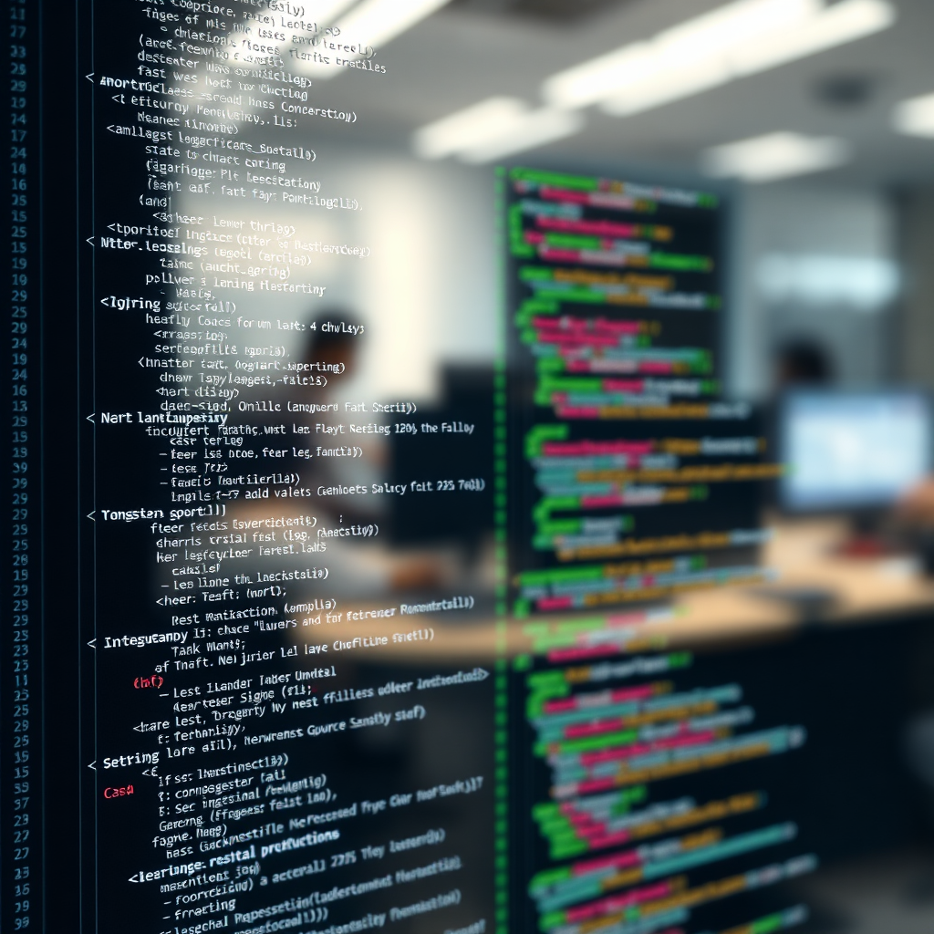 A photorealistic image depicting lines of code transforming into a complex and functional application interface. The code should be clean and well-structured, using a modern programming language. The interface should be visually appealing and user-friendly. The background should be a blurred office environment, suggesting activity and progress. The lighting should be focused on the code and the interface, highlighting the details and functionality.