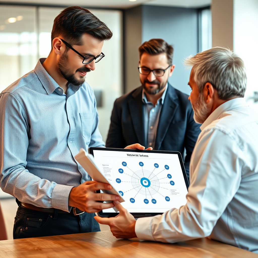 A photorealistic image of a consultant advising a business owner on IT strategies, with a network diagram displayed on a tablet. The consultant should be professional and knowledgeable. The business owner should be engaged and receptive. The network diagram should represent a modern IT infrastructure. The background should be a clean and modern office environment. The lighting should be warm and inviting, creating a sense of trust and collaboration.