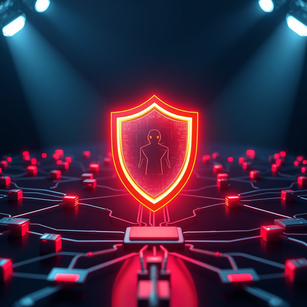 A photorealistic image of a digital shield protecting a network of interconnected devices. The shield should be glowing and visually imposing, with a sense of strength and security. The network of devices should represent a modern IT infrastructure. The background should be a dark and ominous design, emphasizing the importance of cybersecurity. The lighting should be dramatic, with spotlights highlighting the shield and the network. The color palette should be predominantly blues and reds, creating a sense of protection and danger.