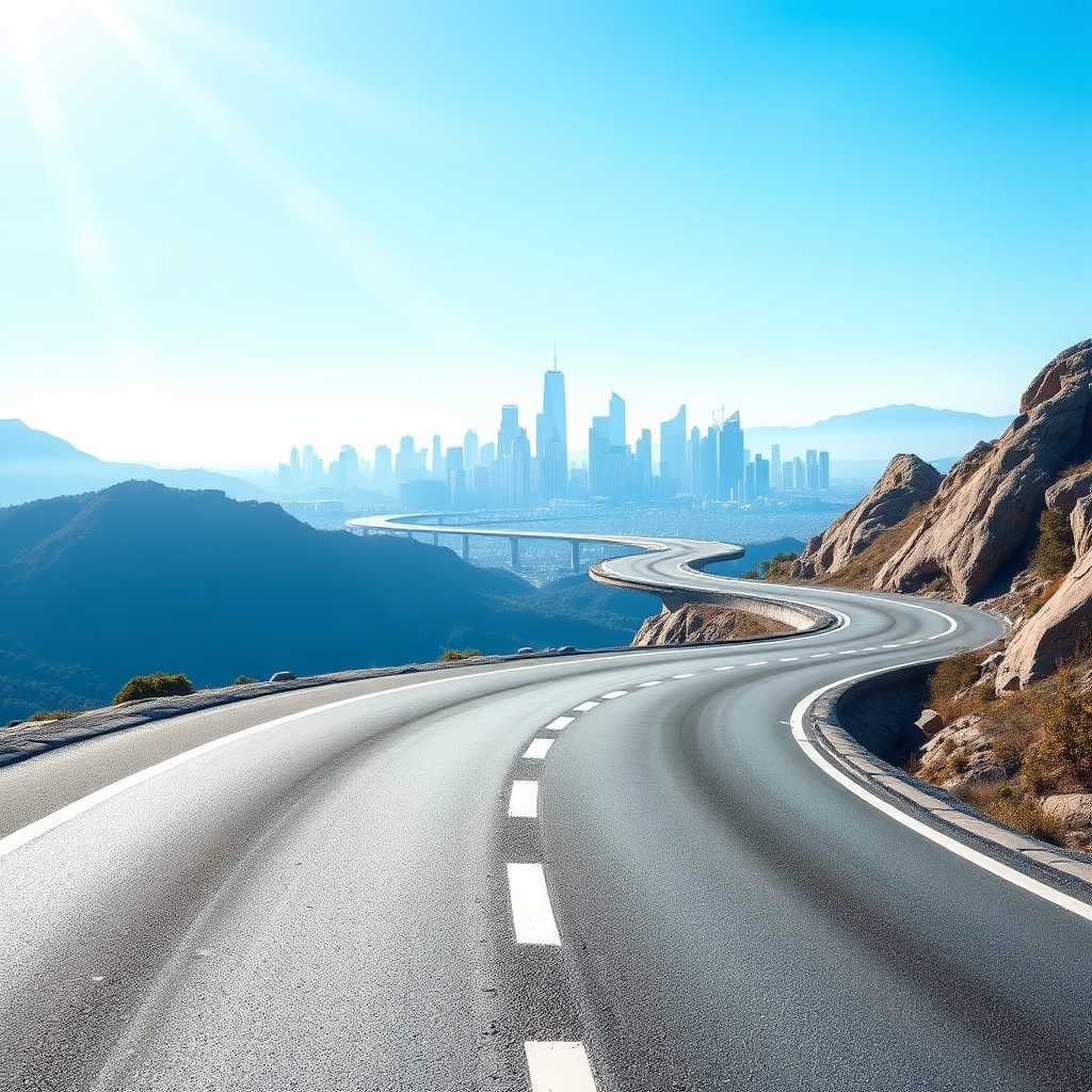 A stylized image of a winding road leading towards a futuristic cityscape. The road should be clearly marked with milestones and key points. The cityscape should represent the client's desired future state. The background should be a vibrant blue sky with a sense of optimism. The lighting should be bright and clear, conveying a sense of direction and progress. The camera angle is a wide shot, capturing the entire road and the cityscape.